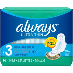 Always Ultra Thin Size 3 Extra Long Super Pads With Wings, 14 Count