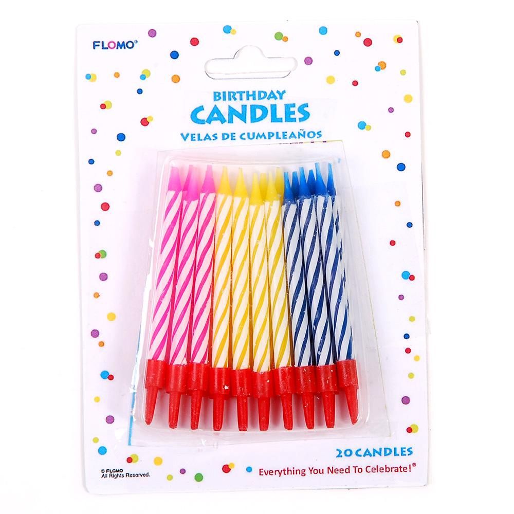 Flomo Striped Birthday Candles with Bases, Pack of 20