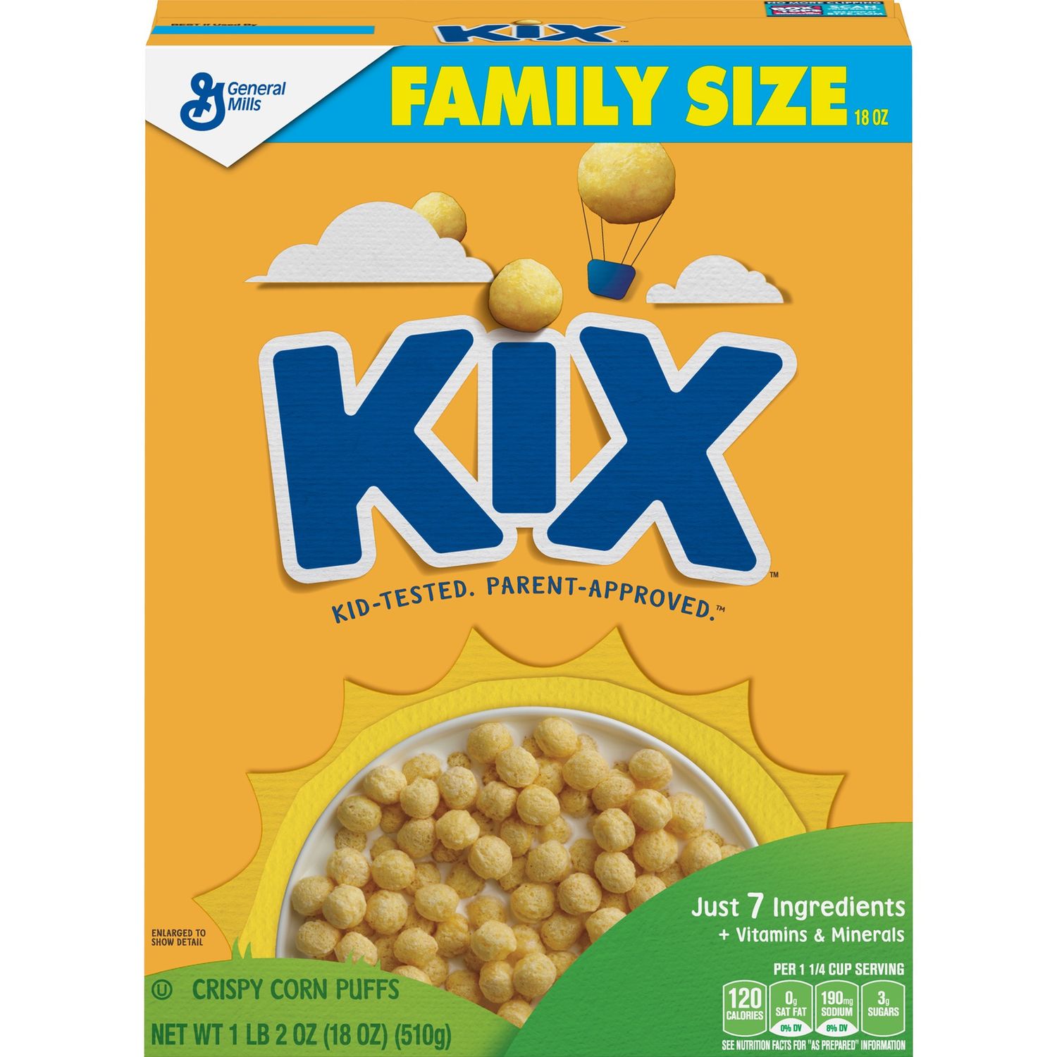 General Mills, Kix Breakfast Cereal, Whole Grain, Original, Family Size, 18 oz