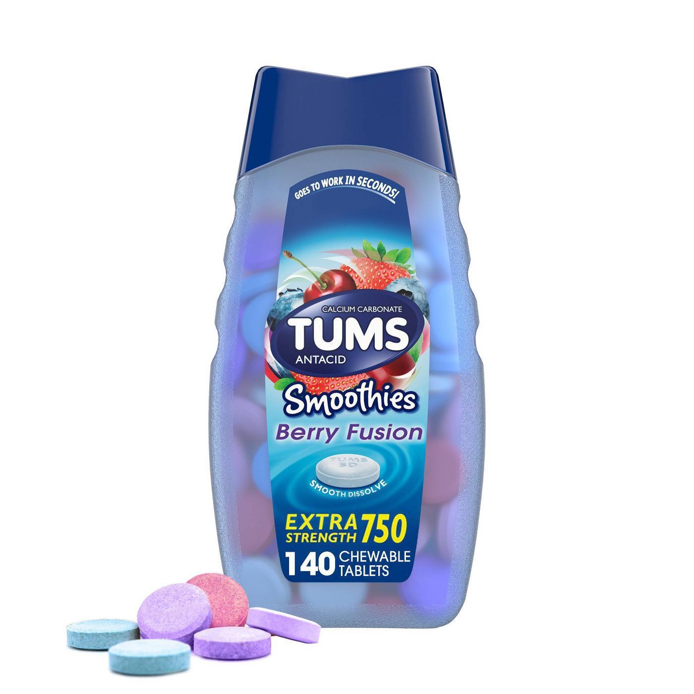 Tums Smoothies Extra Strength Heartburn Relief Chewable Tablets, Berry, 140 Count