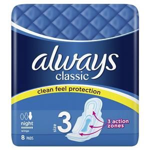Always Classic Night Pads Size 3 8 Ct