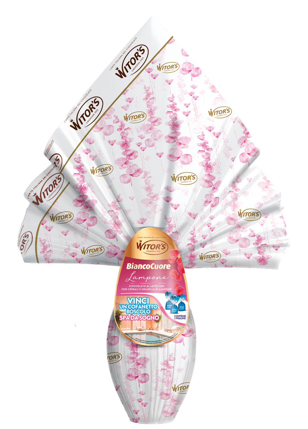 Uovo di cioccolato al latte con croccante granella di lampone