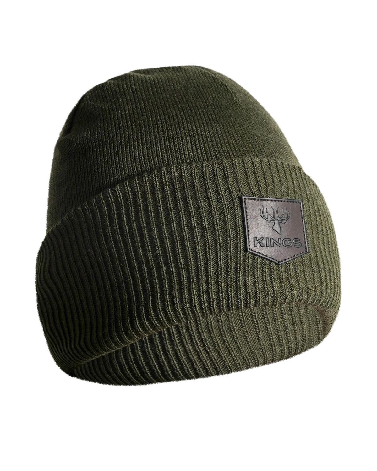 King's Camo Cuffed Basic Beanie Leather Patch, Color: Olive