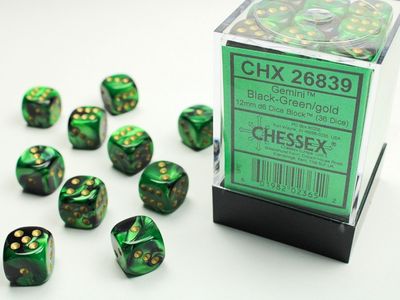Chessex Gemini Black-Green/Gold, 12MM, D6, 36CT