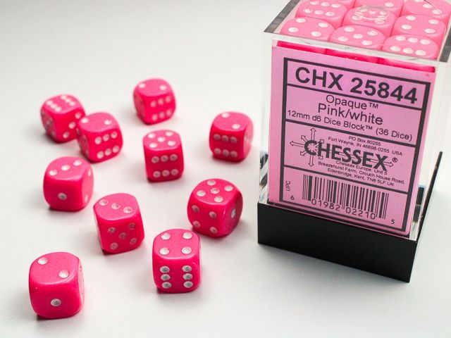Chessex Opaque White/Pink, 12MM, D6, 36CT