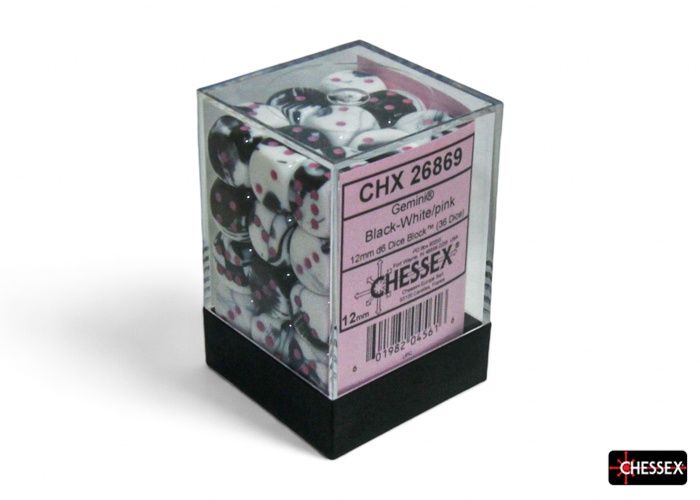 Chessex Gemini Black/White With Pink, 12MM, D6, 36CT