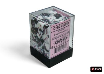 Chessex Gemini Black/White With Pink, 12MM, D6, 36CT