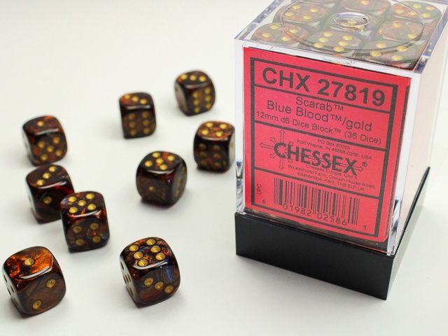 Chessex: Scarab Blu Blood/Gold, 12MM, D6, 36CT