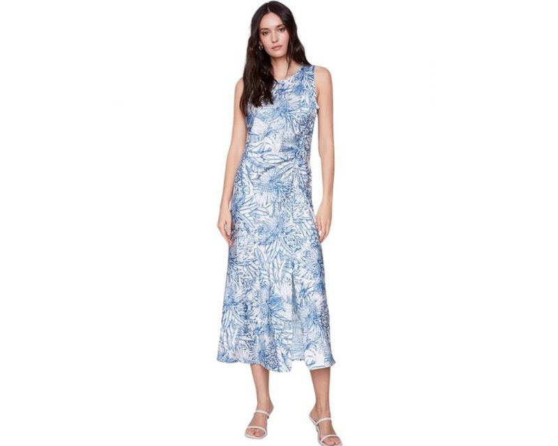 CB Sleeveless Printed Dress With Rushed Drawstring