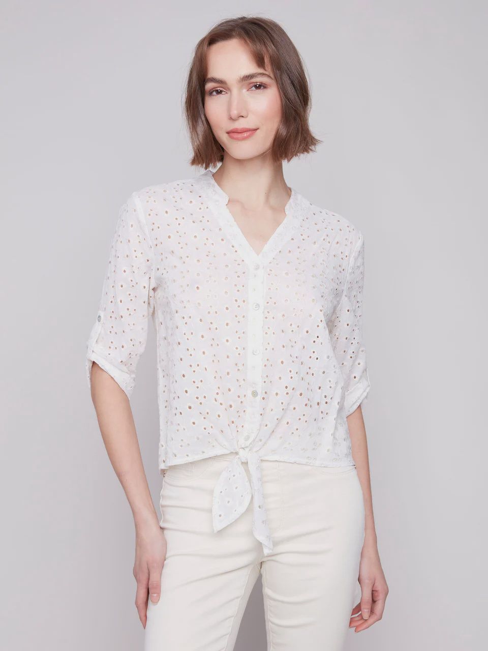 CB Eyelet Embroidery Cotton Blouse with Front Tie