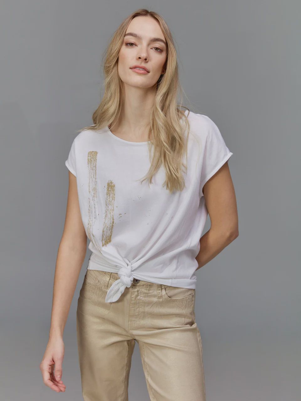 CB Foil Print Front Knot Top, Color: METALLIC, Size: SM