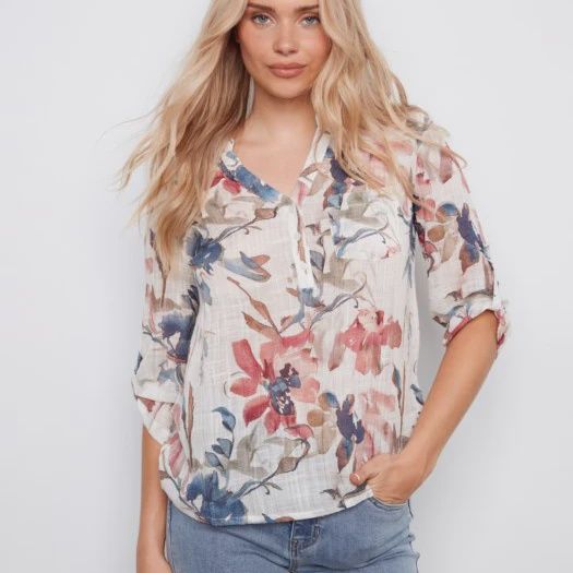 CB Printed Roll-Up Sleeve Top C4188DR