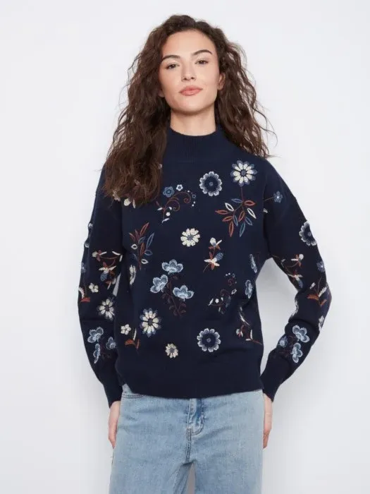 CB Embroidered mock Neck Sweater C2893R