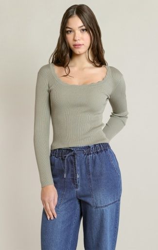 Dex Scallop Neckline Sweater 2827009 D, Colour: LIGHT SAGE, Size: XS