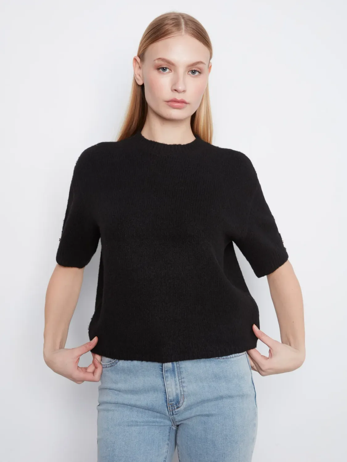 CB Mock Neck SS Sweater W/Button Detail C2160