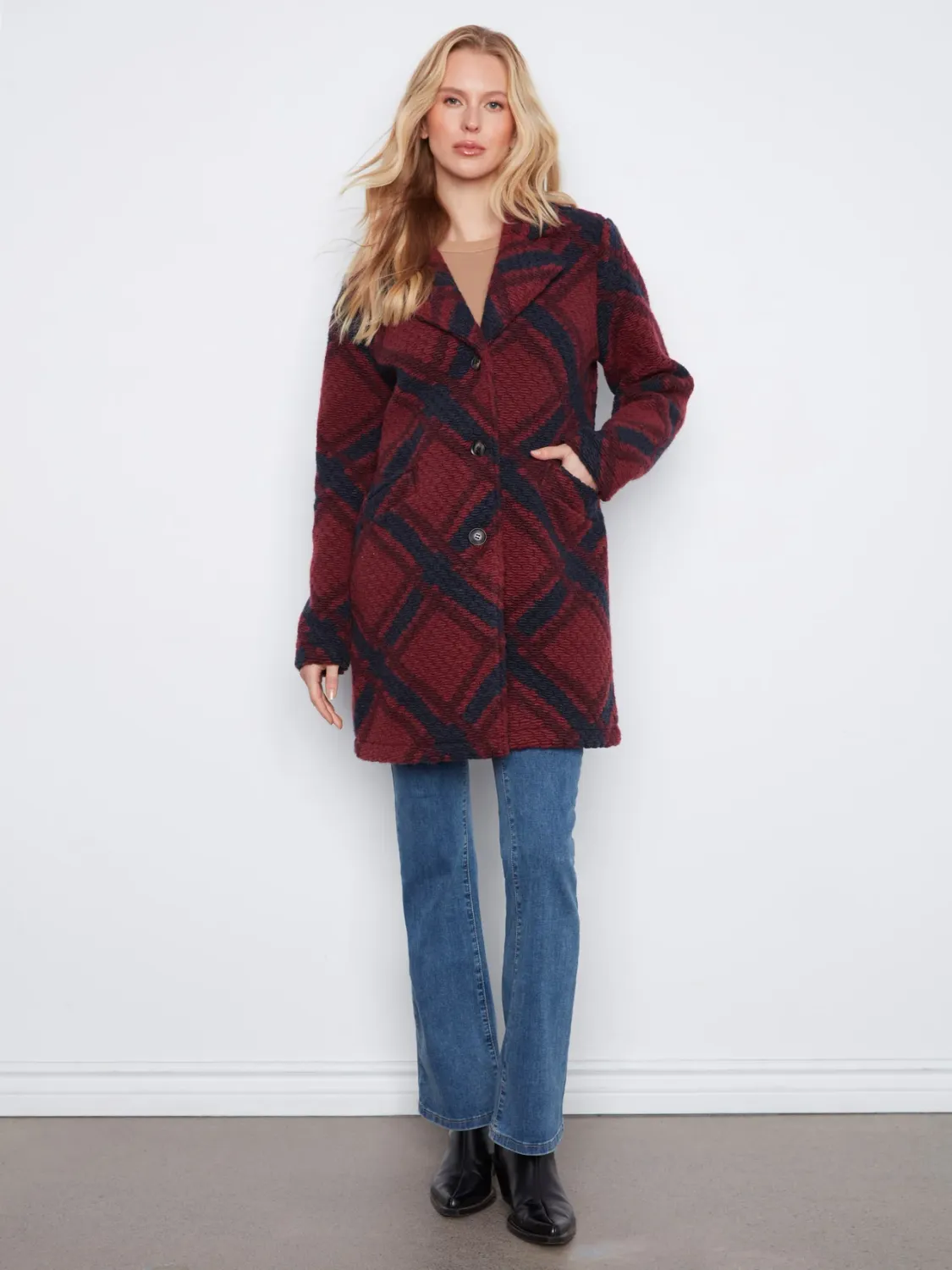 CB Long Plaid Boucle Knit Jacket C6346RR