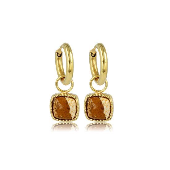Gouden oorbellen met landschapsjaspis edelsteen - 10mm - My Bendel