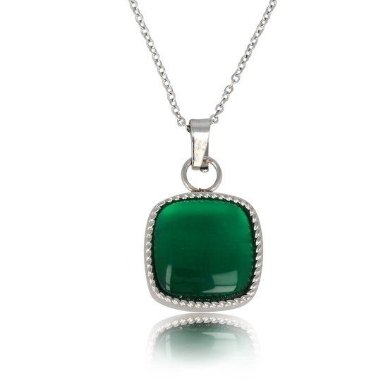 Ketting zilver met vierkante groene agaat hanger - My Bendel