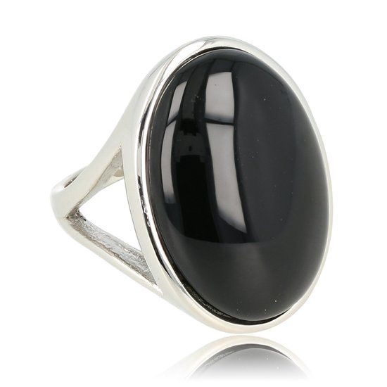 Grote zilveren ring met ronde Onyx edelsteen - My Bendel, Maat: Maat 18