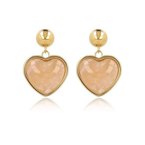 Gouden oorstekers hart met rozenkwarts edelsteen - My Bendel