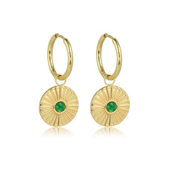 Gouden oorbellen groene agaat zonnetje - My Bendel