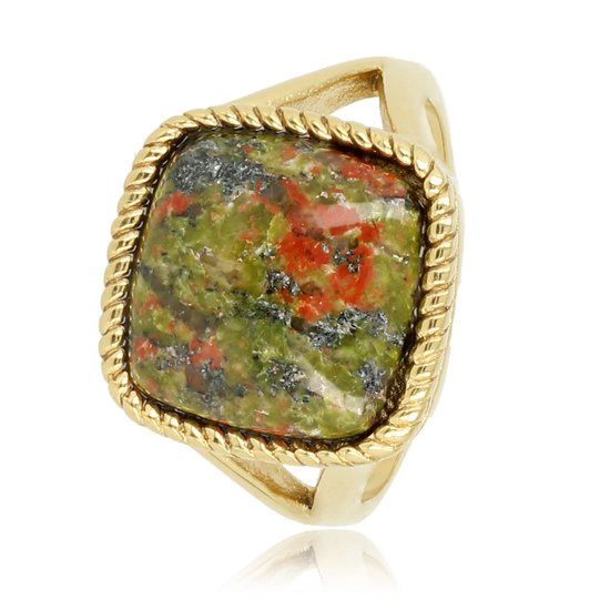 Zegelring goud met Unakiet edelsteen - My Bendel, Maat: Maat 18