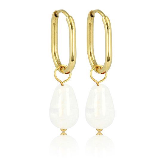 Gouden oorbellen met witte kwarts edelsteen - 30 mm lang - My Bendel