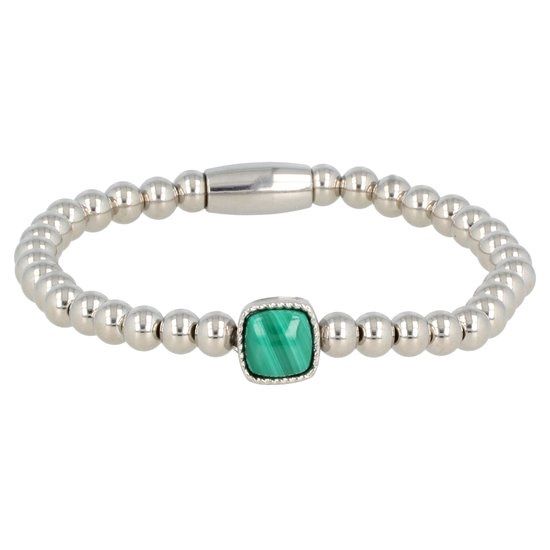Zilveren elastische bedelarmband met Malachiet steen - My Bendel