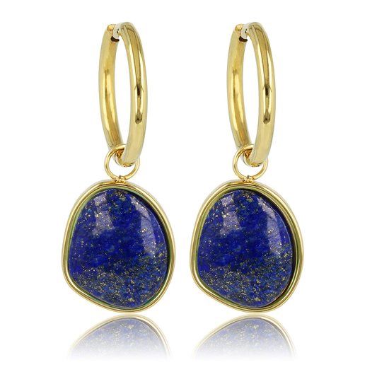 Gouden oorbellen met Lapis Lazuli edelstenen hanger 36 mm - My Bendel
