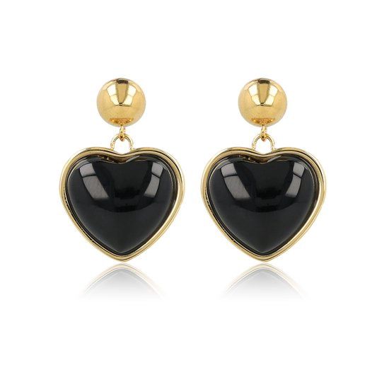 Gouden oorstekers hart met Onyx edelsteen - My Bendel
