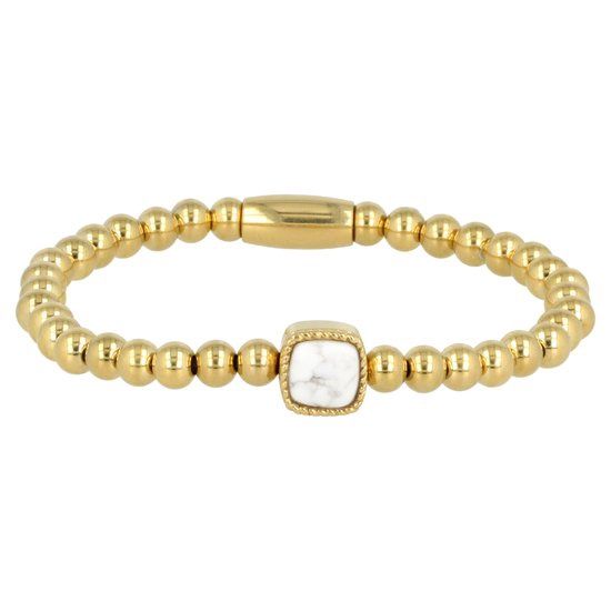 VI5107 Gouden elastische bedelarmband met Howlite edelsteen