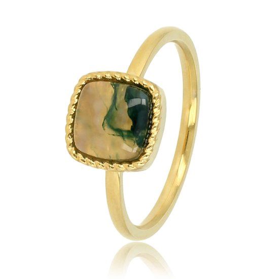 Gouden zegelring met mosagaat edelsteen - My Bendel, Maat: Maat 17