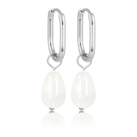 Zilveren oorbellen met witte kwarts edelsteen - 30 mm lang - My Bendel