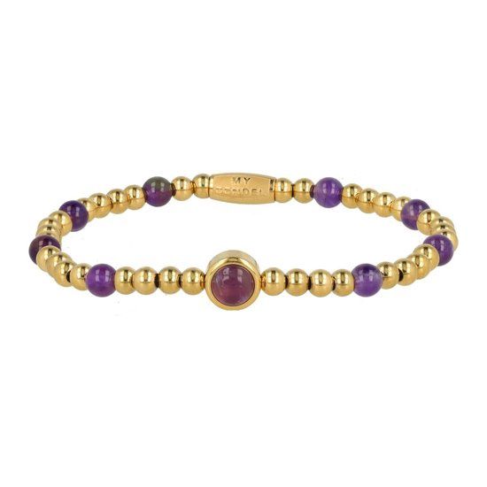Elastische goudkleurige armband Amethyst edelsteen bedels - My Bendel