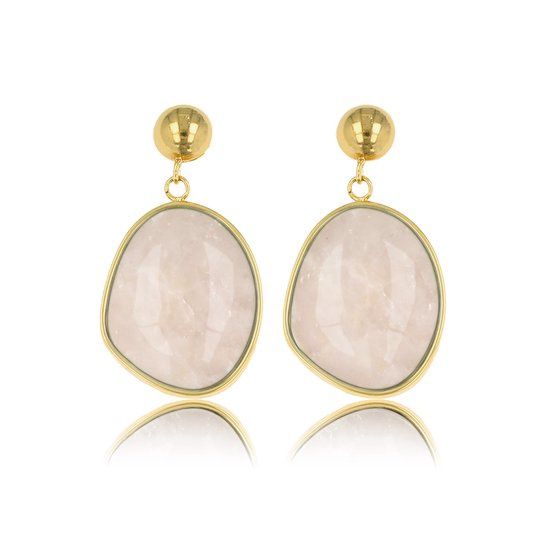 Gouden oorsteker met echte Rozenkwarts edelsteen - My Bendel