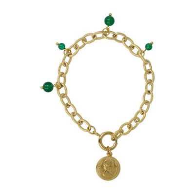Schakelarmband goud met muntbedel en Groene Agaat edelsteen - My Bendel