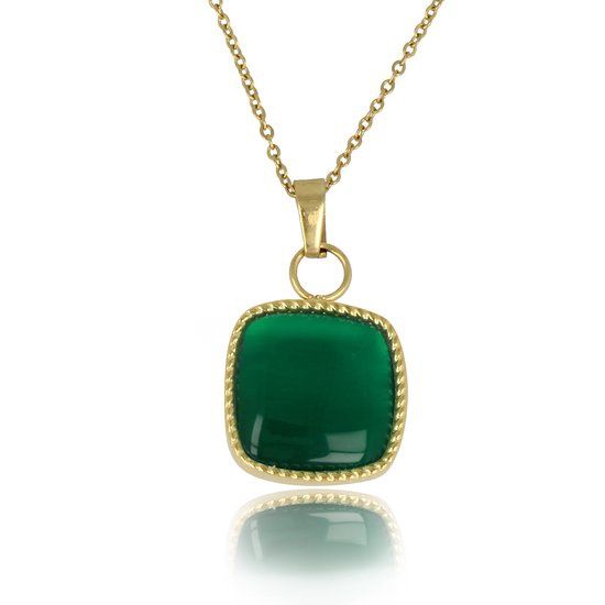 Ketting goudkleurig met vierkante Groene Agaat hanger - My Bendel