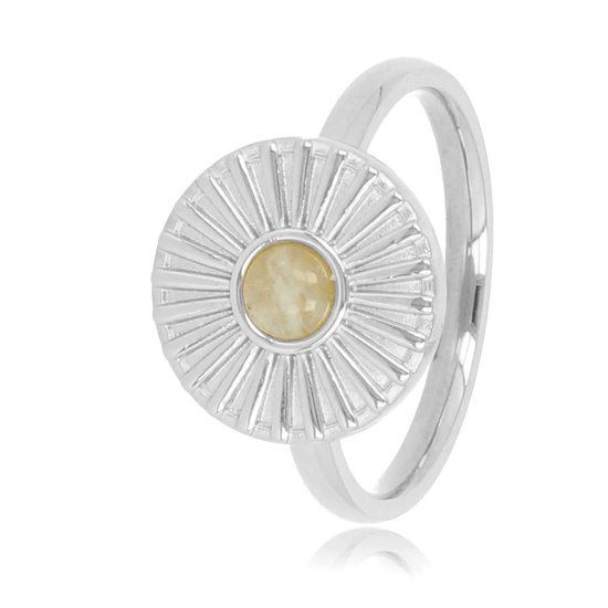 Vrolijke zilverkleurige edelstalen ring met een zonnetje en Amazoniet edelsteen - My Bendel, Maat: Maat 16