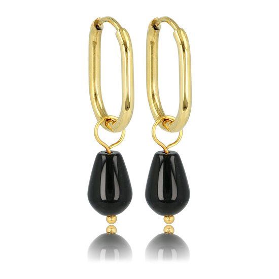 Ovalen gouden oorbel met Onyx hanger - My Bendel