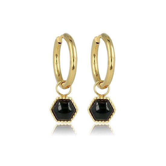 Oorbellen goudkleurig zeshoek met Onyx edelsteen - My Bendel