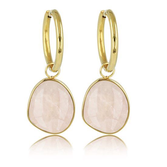 Gouden oorbellen met Rozenkwarts edelstenen hanger - My Bendel