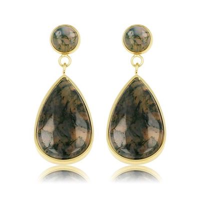 Goudkleurige oorsteker met Mosagaat edelsteen - My Bendel