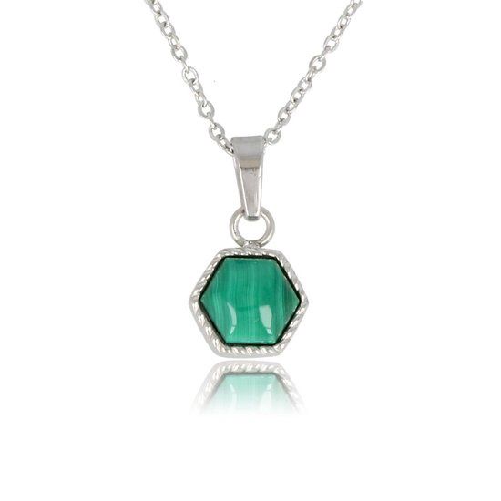 Zilverkleurige ketting met zeshoekige malachiet - My Bendel