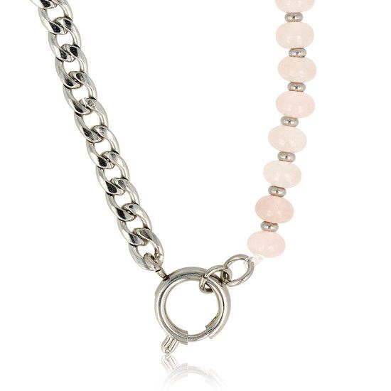Zilverkleurige schakelketting met rozenkwarts - My Bendel