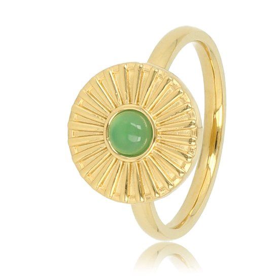 ​Goudkleurige ring met zonnetje en groene agaat - My Bendel, Maat: Maat 17