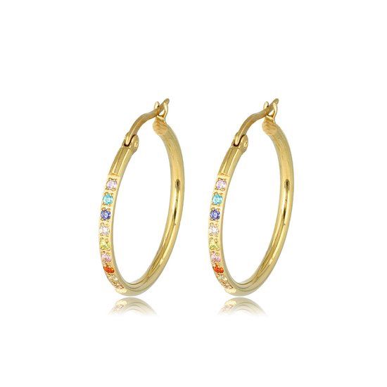 Gouden oorbellen gekleurde zirkonia 25mm x 2mm - My Bendel