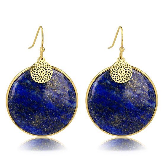 Goudkleurige oorbel met Lapis Lazuli en bloemmotief - My Bendel