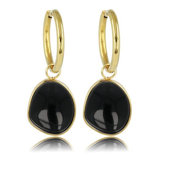 Goudkleurige oorbellen met Onyx edelstenen hanger - My Bendel