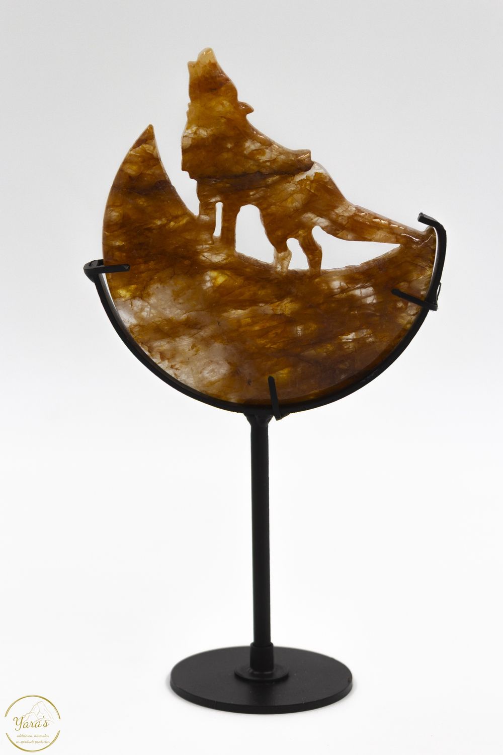 Golden healer wolf op maan carving inclusief standaard