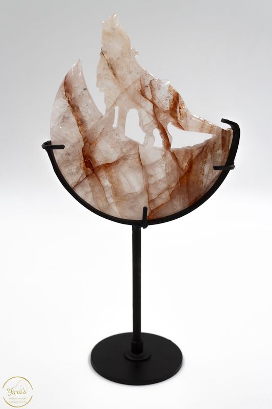 Hematoïde kwarts wolf op maan carving inclusief standaard